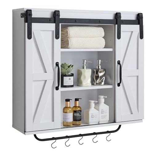 VEVOR Bathroom Wall Cabinet, 2 Doors and Adjustable Shelf, Over The Toilet Storage Medicine Cabinet Wall Mounted, Hanging Organizer with Open Partition/Towel Bar/Hooks for Laundry Room Kitchen, White by VEVOR - Used condition - CA$91.42