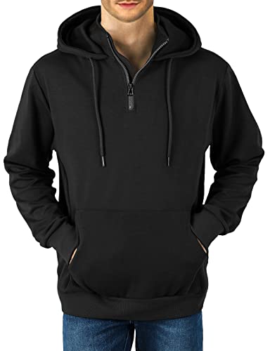 Ohoo Men's Quarter Zip Pullover Hoodie With Mock Neck Long Sleeve Kanga Pocket Hooded Sweatshirt / Dcf204-Black-L #TOP7