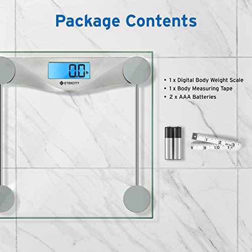 Etekcity Digital Body Weight Bathroom Scale with Body Tape Measure, Large Blue LCD Backlight Display, High Precision Measurements,6mm Tempered Glass, 400 Pounds