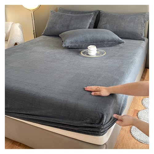QSCTYG Sábanas Ajustables elásticas cálidas y Gruesas de Color sólido, Funda de colchón de Invierno de Franela Ajustable, Ropa de Cama de Terciopelo en tamaños 90/160/180/200(Dark Grey,200x200x25cm)