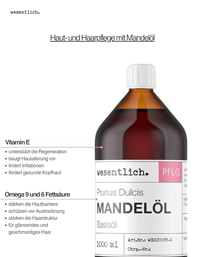 Foto von wesentlich. Mandelöl 1000ml - 100% reines Basisöl - natürliche Pflege für Haut, Haar und Gesicht - pure Pflege ohne Zusatzstoffe