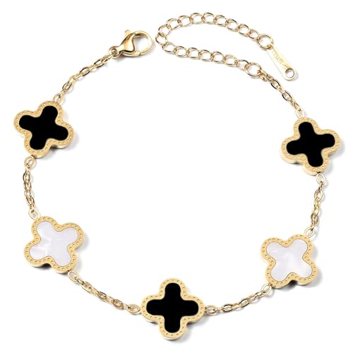 Gold Plated Jewelry Bracelet for Women Van Cleef Non Tarnish Bracelet Leaf Clover Charm Flower Bracelet for Women Trendy (White+Black)