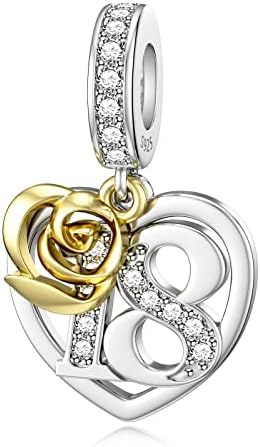 SEVENWELL 16 18 21 30 40 50 Charm for Pandora 16th 18th 21st 30th 40th 50th Charm with Gold Rose Birthday Gift