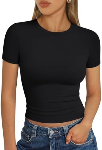 Trendy Queen Womens Short Sleeve T Shirts - Buttery Soft Summer Crop Tops Slim Fit Y2k Basic Tees for Workout Black M