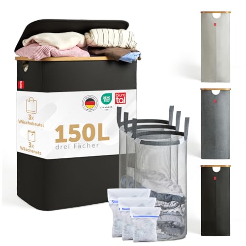 Blumtal Wäschekorb 3 Fächer 150L mit 3 herausnehmbarem Wäschesäcken - Wäschekorb schwarz - Wäschesammler 3 Fächer - Pfandflaschen Sammelbehälter - laundry basket mit Deckel - Wäschebox