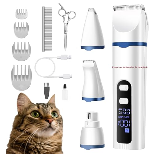 BreeyPaws Cat Clippers Dog Paw Trimmer Grooming Kit,4 in 1 Cat Shaver for matted Fur Claw Silent,Pet Shaver Trimmer for Dogs Cats Paws,2 Speed & Battery Display & Startup Locked-Blue