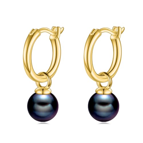 Image of Black Pearl Hoop Earrings Sterling Silver Freshwater Pearl Drop Dangle Jewelry Gifts for Women Girls