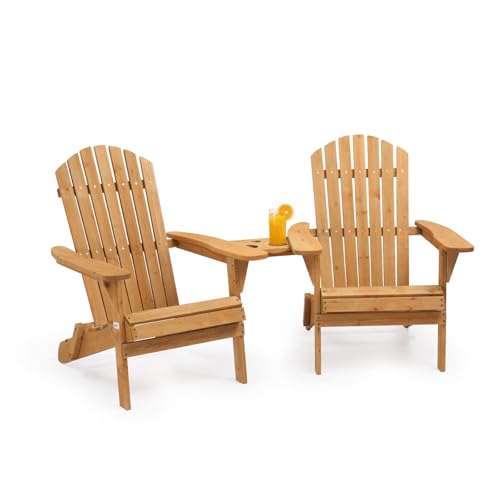 VINGLI Folding Adirondack Double Chair, Wood Adirondack Chairs for Outdoor, with Small Storage Table, Foldable Fire Pit Chairs for Patio, BBQ, Porch, Yard, Pool