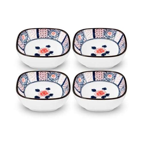 Image of Japanese Ceramic Dip Bowl Set of 4 | 200ml Small Square Sauce Bowls for Soy Sauce, Chutney, Snacks & Dry Fruits | Glazed Sushi Dip Dishes, Dishwasher & Microwave Safe (Hana Bloom)