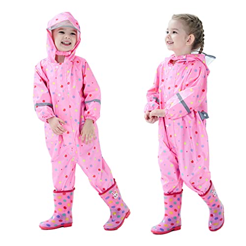 Enfants Imperméables à Capuche Unisexe Filles Garçons Imperméables Combinaison de Pluie Poncho Veste Respirant Manches Longues Manteaux Imperméables Rain Pantalon Vêtements Points Roses,2-3 Ans Cover