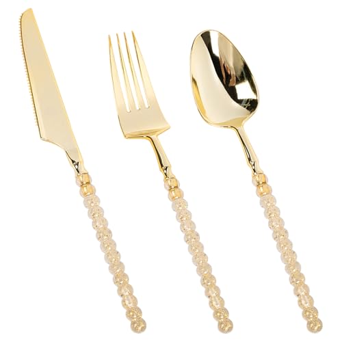 QualQuot 150PCS Gold Plastic Silverware, Heavy Duty Utensils, Disposable Plastic Cutlery Silverware Include 50 Forks, 50 Knives, 50 Spoons for Party and Wedding, Shiny Bead