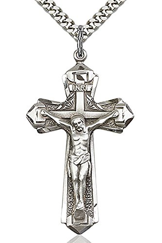 Heartland Store Men's Sterling Silver Textured Crucifix Pendant + 24 Inch Rhodium Plated Chain & Clasp