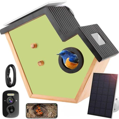 Bird House with Camera,Birdhouses for Outdoors Waterproof Solar Powered, 2K HD AI Camera Recognition for Over 10,000 Species, Real-time Videos & Pictures, Birdhouse Kit for Bird Lovers (Green)