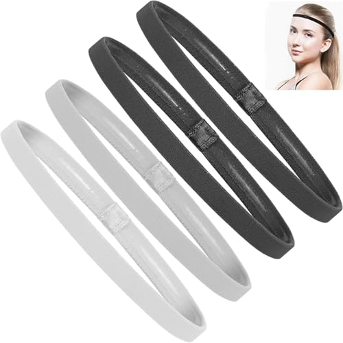 4 Pcs Elastic Thin Headbands for Women Thin Non-Slip Elastic Sport Headbands Skinny Workout Grip for Men Women Football Basketball Soccer Tennis Yoga