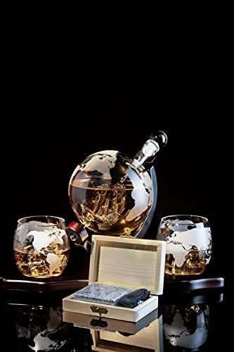The Wine Savant Whiskey & Wine Decanter Globe World Set with Globe Glasses Anniversary Birthday House Warming for Liquor Scotch Bourbon Vodka, Gift for Him Husband, Gifts for Men Globe - 850ml