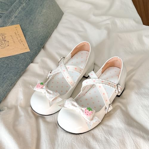 Women's Cross Strap Mary Jane Shoes Japanese Kawaii Strawberry Bow Round Toe Block Mid Heel Cute Pumps Lolita Cosplay Costume3