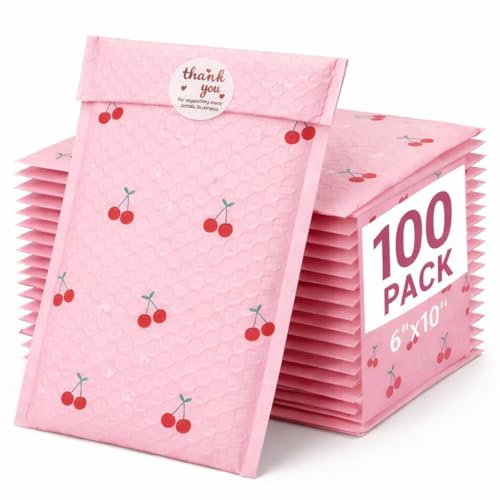 Cozymood 6x10" Bubble Mailers 100 Pack Cherry Pattern Pink Padded Envelopes
