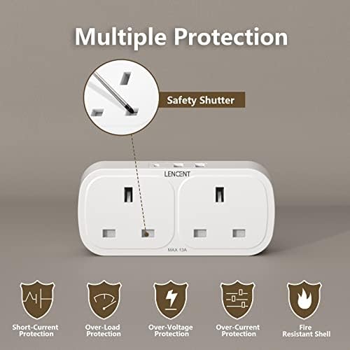 LENCENT Plug Adapter with 3 USB (Included 1 USB-C),Double Wall Plug Extension, Multi Plug 2 Gang Extender Suitable for UK, 13A 3250W for Home, Office, College dormitary