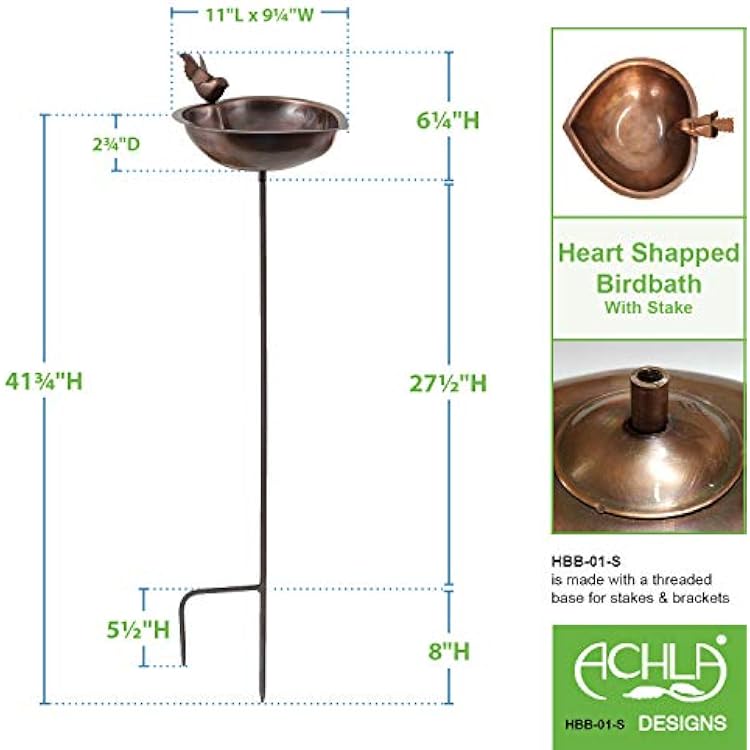 Achla Designs HBB-01-S Heart Shaped Birdbath with Stake, Copper