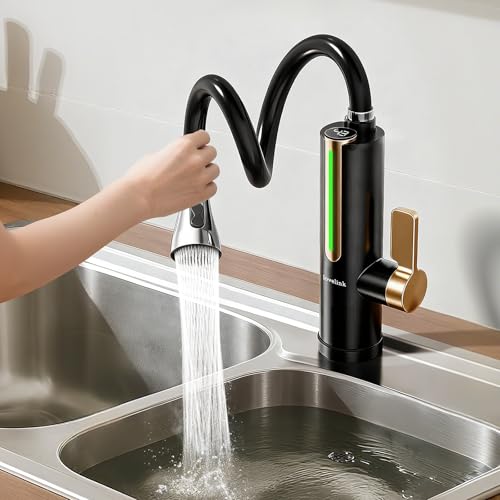 Lovelink Wasserhahn mit Durchlauferhitzer Farbadaptiv LED Temperaturanzeige 360 Flexibler Schlauch Elektrischer Durchlauferhitzer Wasserhahn für Küche/Bad/Balkon (Schwarz)