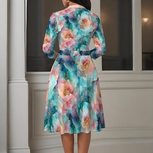 Image of PinkPatty Women's Casual A-line Midi Dresses 3 /4 Sleeve V Neck Fit and Flare Dress with Pockets