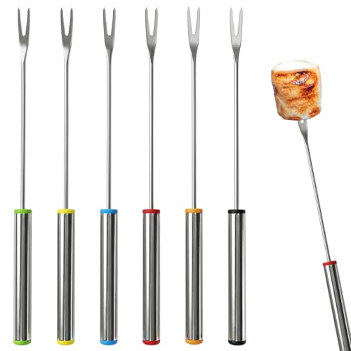 Stainless Steel Fondue Forks,6 PCS Color Coded Cheese Fondue Forks for Chocolate Fountain Cheese Fondue,Heat Resistant Smores Sticks(9.5 Inch)