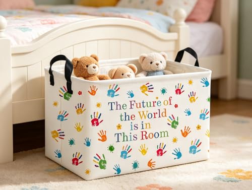 Image of Rectangle Kids Baskets Book Basket Cute Storage Bin Organizer Boys Box for Room Decor Gift Basket(Handprint)