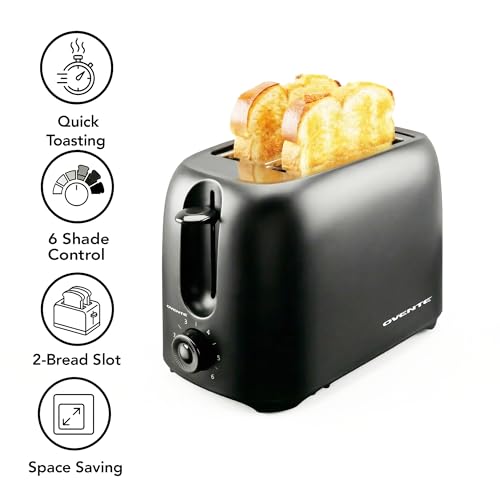 OVENTE Electric 2 Slice Toaster Machine with 6-Shade Browning Selector Setting, Compact Design and Removable Crumb Tray, 700W Power Perfect for Toasting Bread, Thin Bagels and Waffles, Black TP2210B by OVENTE - Image 2