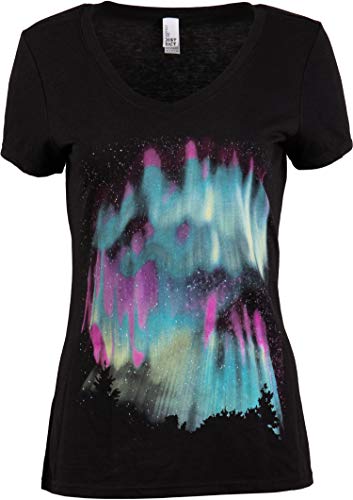 Northern Lights | Aurora Nature Art Outdoors Arctic Sky Spiritual Women V-Neck T-Shirt Top-(Vneck,Xl) #TOP11