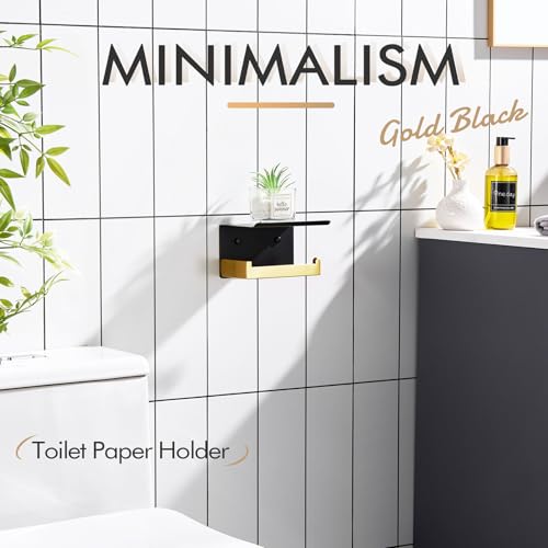Image of KOKOSIRI Toilet Paper Holders with Shelf Bathroom Toilet Paper Roll Holder Wall Mounted T-304 Stainless Steel, Matte Black and Gold B2010GDK (Pack of 2)