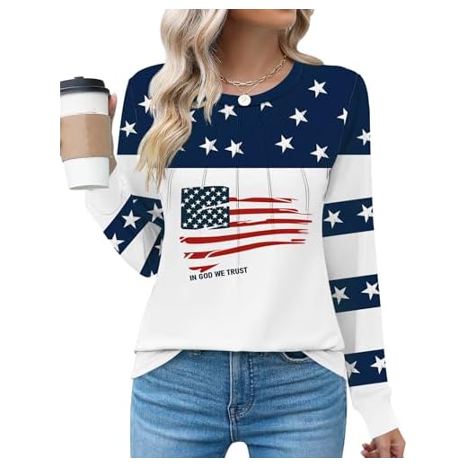 Kistore Women's Tops Plus Size Round Neck Long Sleeve Shirts Loose Casual Work Blouses for Women American Flag 3XL