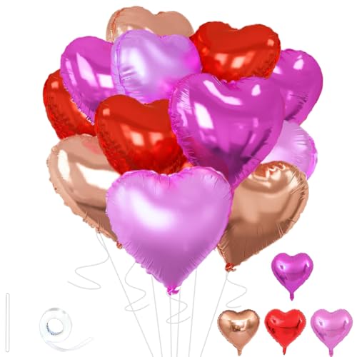 Wuhetyo Rose Gold & Red Heart Balloons，18 Inch Purple Foil Love Heart Shaped Balloons for Bridal Wedding Engagement Party Anniversary Birthday Baby Shower Valentines Decorations 12Pcs