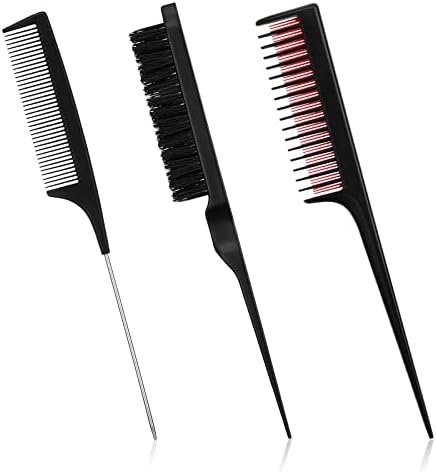 3 Pieces Hair Styling Comb Set, Includes Hair Brush Teasing Fluffy Hair Brush, Rat Tail Comb Teasing Comb and Triple Teasing Comb for Women Back Combing Hair (Black, Red and Black)