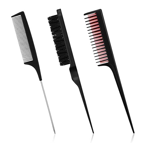 3 Pieces Hair Styling Comb Set, Includes Hair Brush Teasing Fluffy Hair Brush, Rat Tail Comb Teasing Comb and Triple Teasing Comb for Women Back Combing Hair (Black, Red and Black)