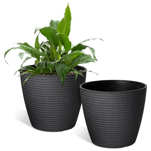 GreatBuddy 7" Plant Pots Indoor, Planters for Indoor Plants, Indoor Flower Pots, Small Plant Pots for Succulents, Ferns, Herbs, Drainage Holes, Line Pattern, Dark Gray, 2 Pack Cover