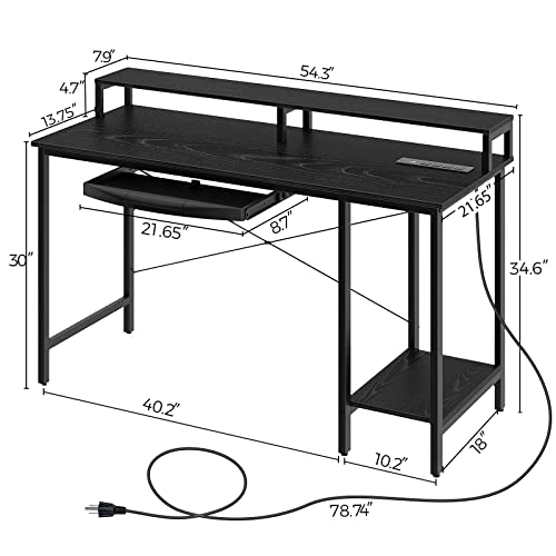 Rolanstar Computer Desk With Power Outlet And Keyboard Tray Monitor Stand 55", Home Office Writing Desk, Rustic Style Workstation Table With Storage Shelves,Stable Metal Frame, Black #TOP2