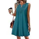 Vestits Estiu Dona Lli i Algodon Curt Vestit Coll V Midi Sense Manga Solts Boho Casual Elegant Brodat Vestit de Platja Copricostume Prendisole Còmode Transpirable Color Sòlid amb Butxaques