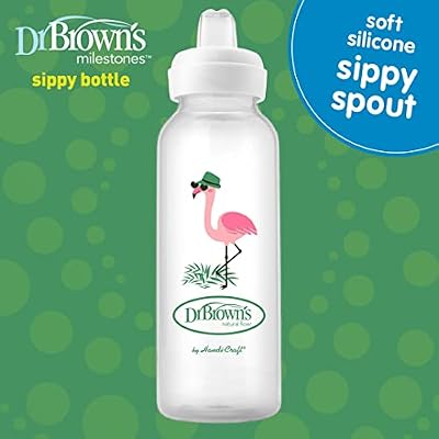 Dr. Brown's Milestones Narrow Sippy Bottle, 100% Silicone Soft Sippy Spout, 8oz/250mL, 6m+, Flamingo