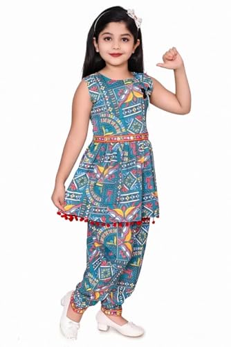 Image of Girls Ethnic Kurti and Dhoti Pant Set - Sleeveless Printed Outfit with Pom-Pom Hem | Dress for Kids