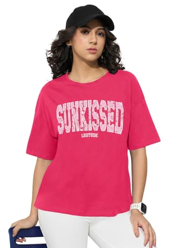 Image of LEOTUDE Half Sleeve Cottonblend Oversized Tshirt for Women, Round Neck Longline Printed Raglan Sleeve Colourblocked Drop Shoulder Baggie T-Shirt Top for Woman (Color Pink)