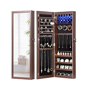Nicetree 6 LEDs Jewelry Mirror Cabinet, 4.2″ D Full Length Mirror with Storage, Door/Wall Mounted Jewelry Storage Mirror, Acrylic Cover, Larger Capacity, Brown