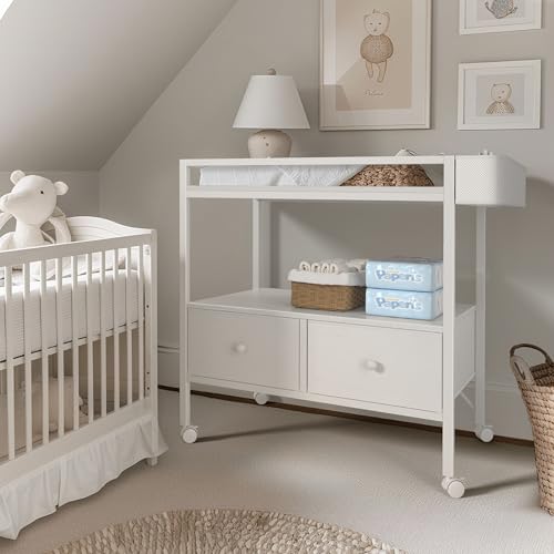 BOLUO Baby Changing Table with Storage, White Baby Dresser with Changing Table Top, Diaper Changing Station with 2 Fabric Drawers for Nursery Modern