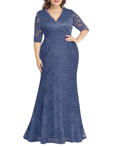 Image of Pinup Fashion Plus Size Formal Evening Dress Wedding Guest Bridal Gowns | Floral lace, wrap v-neck, 3 /4 sleeves, empire waist, mermaid floor length, side zipper