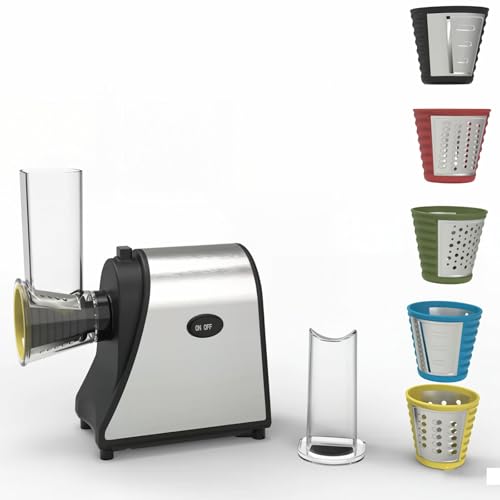 Image of VILA SMO 5-in-1 Electric Cheese Grater Rotary Slicer, Automatic Vegetable Machine Slicing with Stainless Steel Blades, One-Touch Countertop Electric Grater for Chocolate, Nuts, Fruits, Home Kitchen