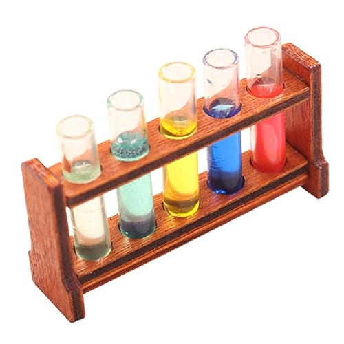 FRCOLOR Miniature Dollhouse Colored Test Tubes with Wooden Rack Smooth Equipment for DIY Tiny House Decoration Realistic and Accessories for Dollhouse Scenes