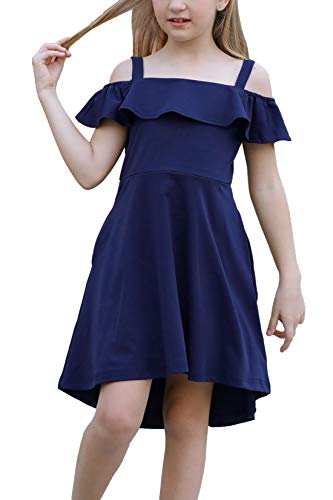 GORLYA Girl s Cold Shoulder Flounce Trim Elegant Casual Formal Dress with Pockets for 4-14T Kids (GOR1045, 9-10Y, Navy)