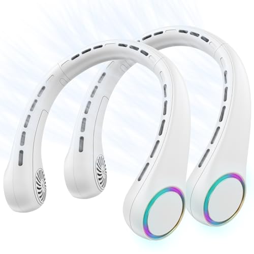 2 Pack Portable Neck Fan, Hands-Free Bladeless Design, 3 Speeds & 64 Cool Lights, 4000 mAh Battery Operated Rechargeable Wearable Personal Fan for Summer Cooling, Ideal for Outdoor, Indoor, Travel