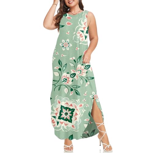 Image of Wolddress Womens 2026 Plus Size Sleeveless Tank Dress Casual Loose Sundress Split Summer Beach Long Maxi Dresses with Pockets