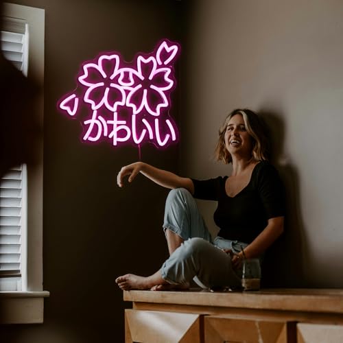 Image of Kawaii かわいいLed Neon Light Sign Japanese Cherry Blossoms Light Up Wall Decor Sign Girls' Room Decoration Birthday Party Christmas Neon Sakura Light (Pink)