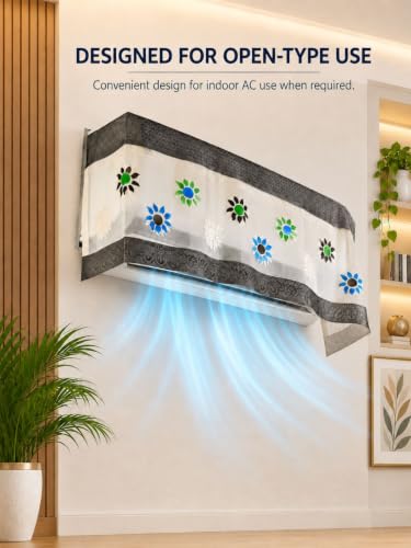Image of Premium Cotton Net Split AC Cover for 1.5 Ton Indoor Unit | Designer Summer AC Dust Protection Cover | Stylish Protective AC Cover | 38 x 15.35 x 7.8 In | Grey Flower
